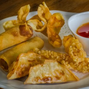fried shrimp, cheese wantons, veg rolls, chicken goyza, (2 of each)