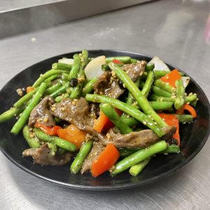 string beans, red bell pepper, onion in black bean sauce
