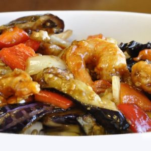 eggplant, onion, red bell pepper