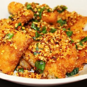 deep fried sole fillet with garlic, scallion, chili, salt & pepper