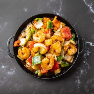 pineapple, bell peppers, onion in teriyaki sauce