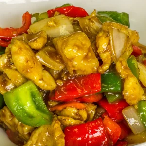 pineapple, bell peppers, onion in teriyaki sauce