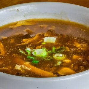 spicy, with eggs, tofu, bamboo shoots, black fungus, and scallions
