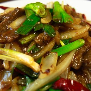 Onion, scallion, mushroom, in a spicy sauce
