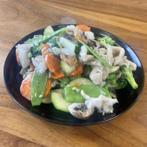 Chicken, broccoli, fresh mushroom, snow peas, carrot