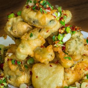 deep fried mushroom with green onion & chili flakes