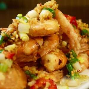 breaded shrimp with no shell with scallion, chili flakes, salt & pepper