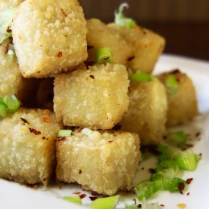deep fried tofu with green onion & chili flakes