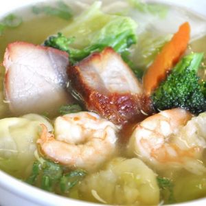 chicken broth with shrimp & pork wantons, shrimp, chicken, sliced BBQ pork & vegetables