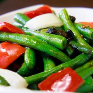 string beans, red bell pepper, onions in black bean sauce
