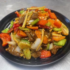 Bamboo shoots, bell peppers, onion, carrots, celery in sweet and spicy sauce
